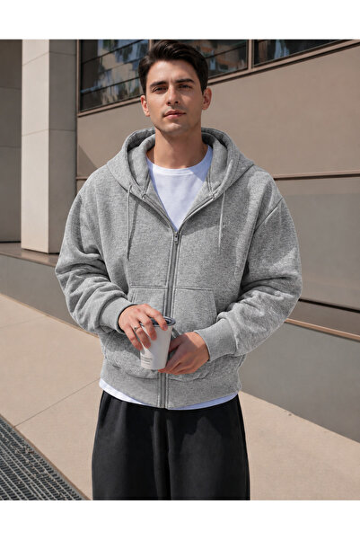 YAKAMEL ERKEK 3 İPLİK FERMUARLI KAPÜŞONLU OVERSİZE RAHAT SWEATSHIRT HIRKA