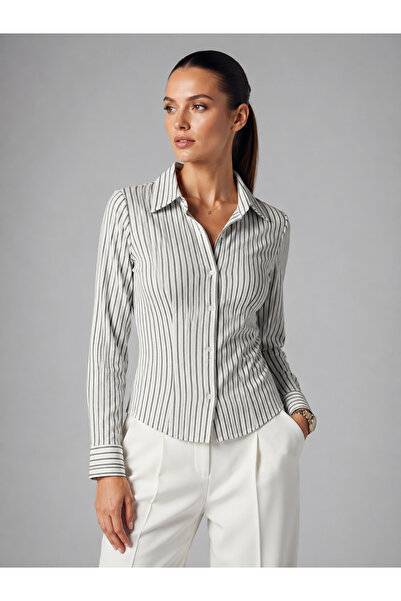 Kadın Slim Fit Gömlek Uzun Kollu Dar Kalıp Düğmeli Ofis Gömleği