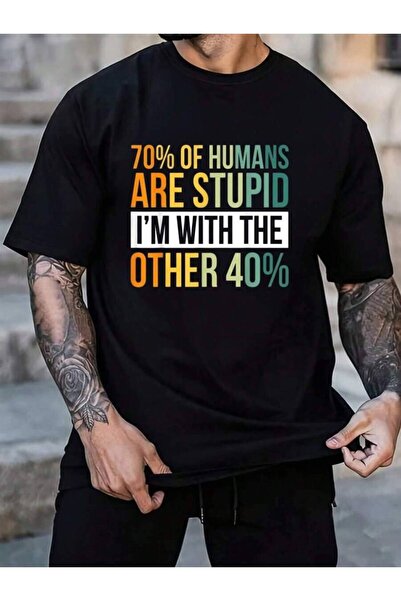 9TAY تي شيرت رجالي أسود للعطلات من القطن 100%، بتصميم '70% من البشر أحمدهم'، ...