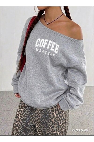 FUFLUNS سويت شيرت نسائي كبير الحجم مطبوع عليه COFFEE WEATHER بياقة كاكي