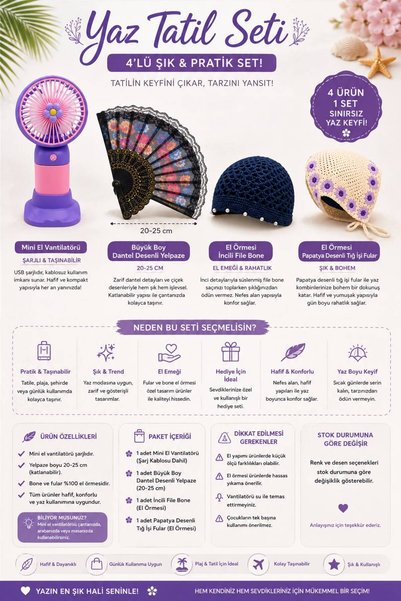 MAISON GLOWEN Yaz Tatil Seti 4 Parça Kadın Plaj Aksesuar Seti | Şarjlı Mini El Vantilatörü, 20-25 cm Büyük Boy Yelpaze, El Örmesi Bone ve Tığ İşi Fular