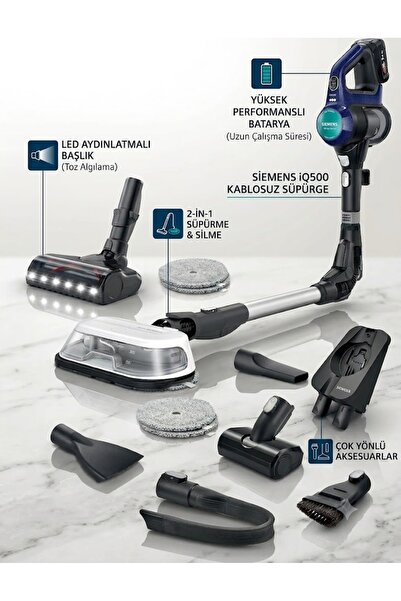 Siemens iQ500 2'si 1 Islak Kuru Şarjlı Dikey Süpürge LED Başlıklı ve Katlanab...