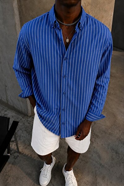 COMBİNE MİCHAİL Men's Casual Striped Blue Oversize Linen Shirt