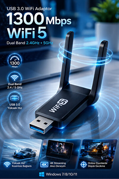 Zineets 1300 Mbps Dual Band Usb 3.0 Adaptör Kablosuz Wifi Alıcı 2.4ghz 5ghz N...
