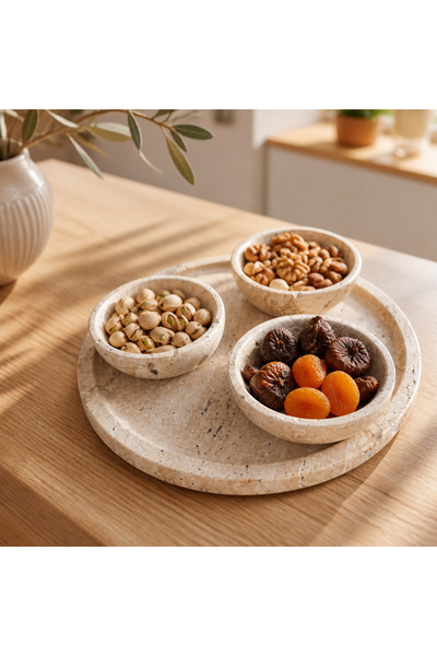 Taş Devri İSM Natural Travertine Presentation Tray, Travertine Snack Tray 3 P...