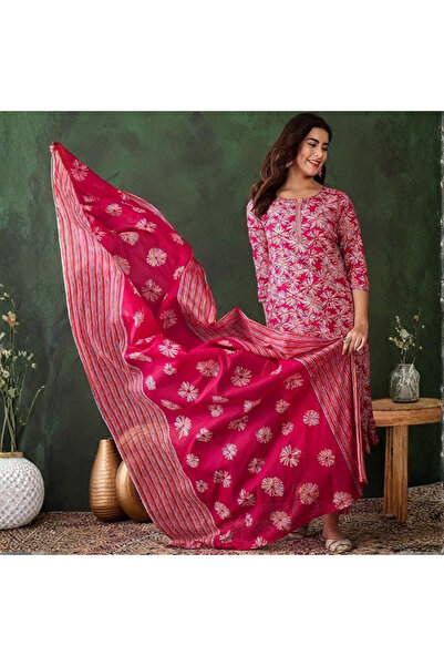 MYSMAR Pink Viscose Rayon Kurta Pant Dupatta - VRN1003 -Pink-Size:L-40-Inches
