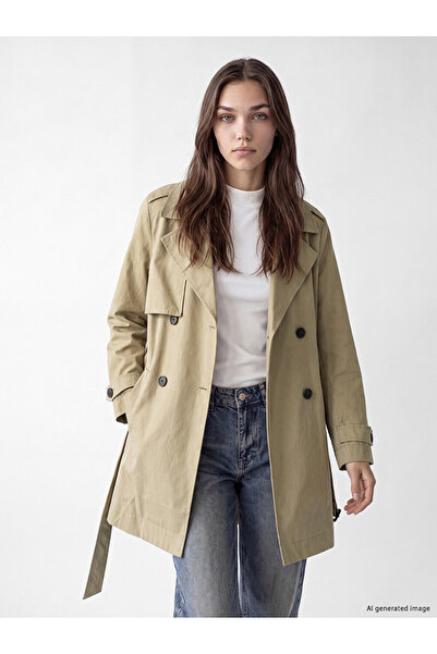 LC Waikiki Lcw Modest Beige Double-Breasted Collared Belted Women's Trench Coat