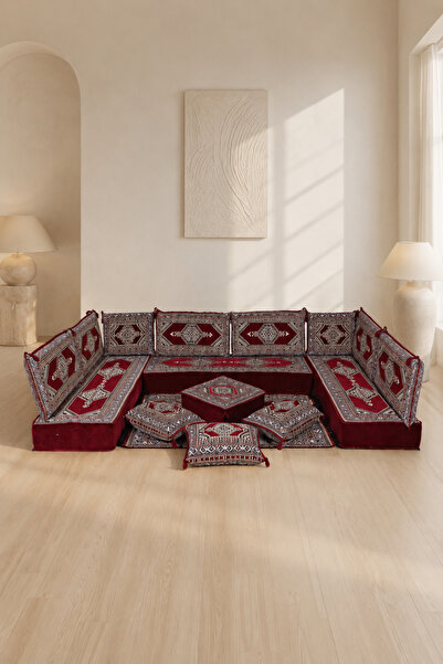 FEYZA DECOR HOME Safran Bordo Çini Desenli 20 cm Yüksek Şark Köşesi Takımı