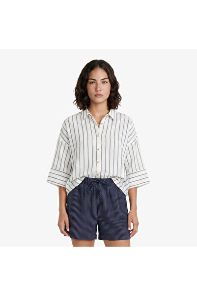 Nautica Kadın Beyaz Regular Fit Kısa Kollu Çizgili Gömlek