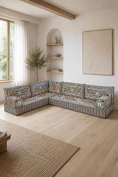 FEYZA DECOR HOME 20 cm Süngerli Gri Anadolu Desenli 9 Parça L Şark Köşesi Takımı