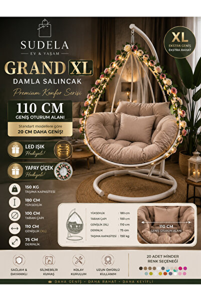 SUDELA Grand XL Damla Salıncak | 110 CM Geniş Oturum | LED & Yapay Çiçek Hedi...