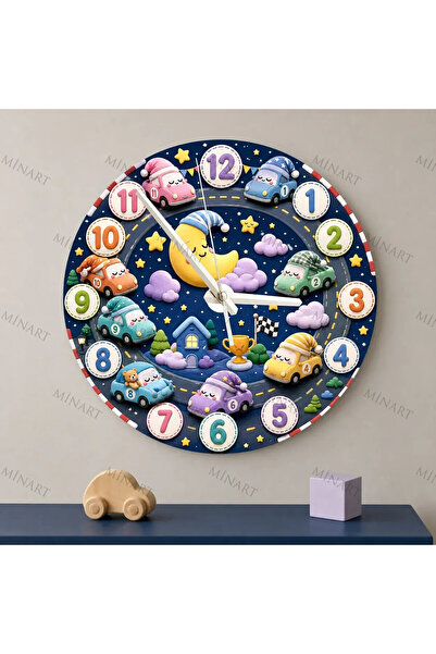 ensaat Sleepy Cars Night Sky Children's Room Wall Clock Silent Wooden Clock 3...