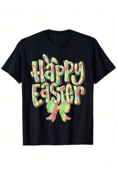 LİNA06 تي شيرت Happy Easter Bunny & Bow Graphic Tee - تصميم ملون نابض بالحياة...