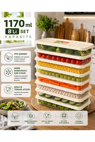 incirhome 1170 ml 8 li Set Dikdörtgen Saklama Kabı Derin Dondurucuya Uyumlu Ş...