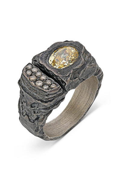 Coy Diamond Gümüş Erkek Yüzük,Modern Erkek Yüzük,Doğal Dokulu Gümüş Yüzük