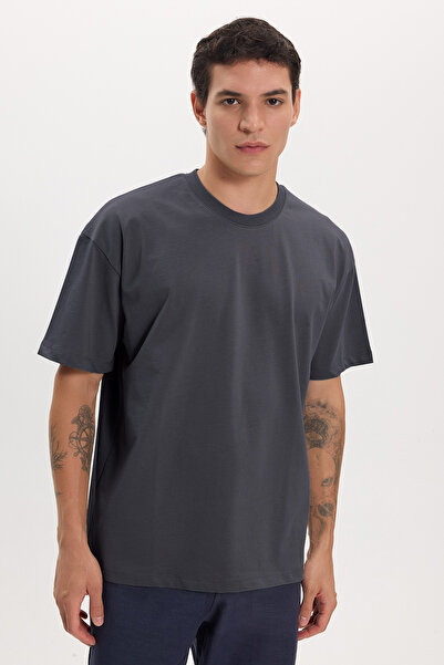 Tudors Men's Boxy Fit Loose Cut 100% Cotton Crew Neck Dark Gray T-Shirt