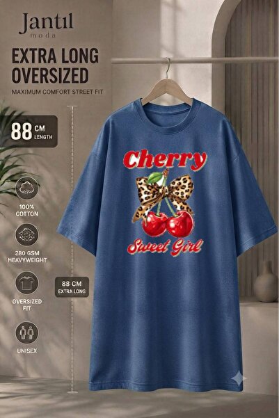JANTIL MODA Crew Neck Leopard Bow Cherry and Sweet Girl Written Extra Long Ov...