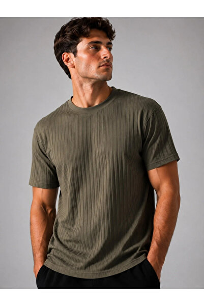 caddekombin Khaki Textured Line Design Crew Neck Men's T-Shirt