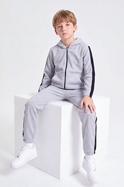 FYK KİDS Boy's Stripe Detailed Zippered Hooded Double Pocket Tracksuit Set
