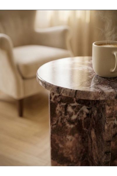 Pergamon Marble & Design Koyu Menekşe Mermer Yan Sehpa – 30 cm Çap x 60 cm Yü...