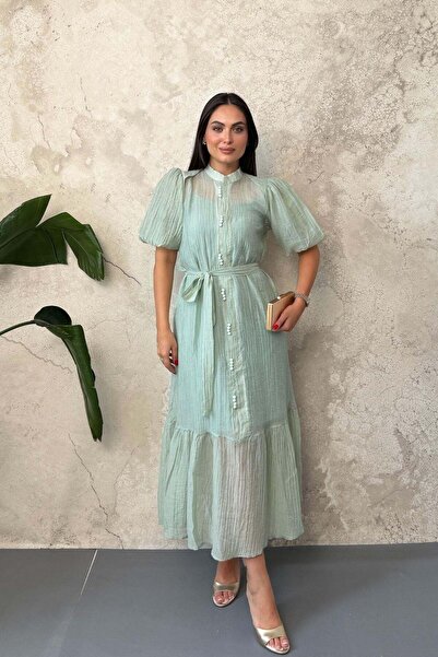 Elbee Fashion Woman Mint Transparent Dress with Inner Lining