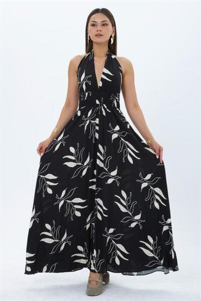 Neşeli Butik Rochie maxi neagră pentru femei, cu guler halter și spate decupa...