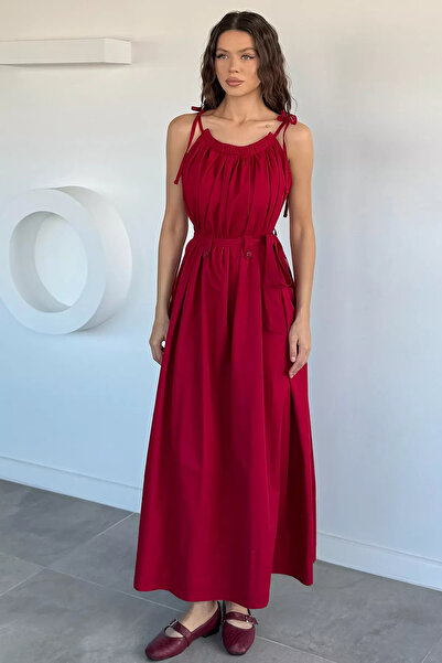 Aryena Red Perry Women's Collar Drawstring Detailed Shoulder Tie Loose Dress
