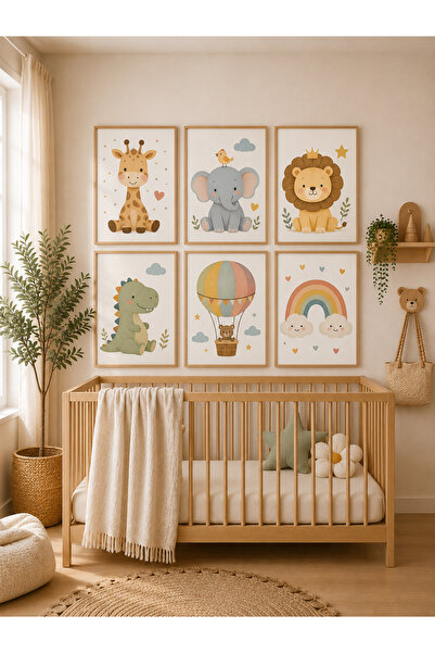 Zerawall 6 Parça MDF Tablo Seti Zürafa, Fil, Aslan, Dinozor, Balon ve Gökkuşa...