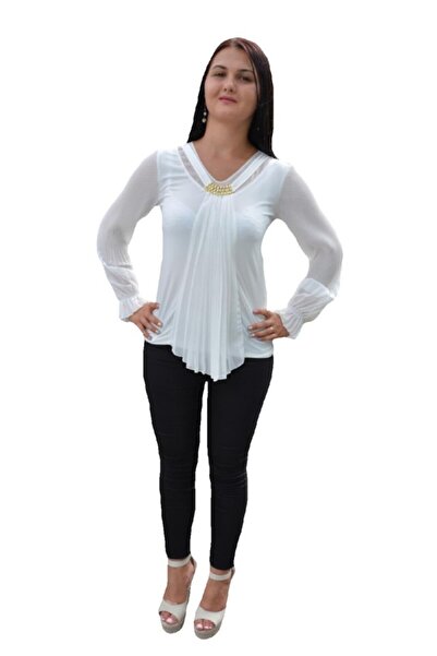 OEM Bluza feminina de ocazie, culoare alba, maneca lunga, fronsata