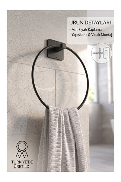EMPA METAL Yapışkanlı Siyah Yuvarlak Havluluk / Havlu Askısı