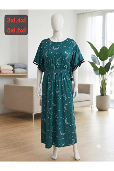 diğer01 11 Büyük Beden Ay Yıldız Desenli Elbise - Petrol Yeşili - 3XL 4XL /5X...