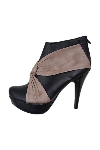 OEM Botina scurta cu toc inalt, de culoare neagra cu model crem