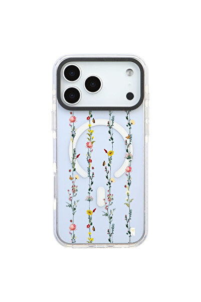 Casen iPhone 17 Pro Yanları Beyaz Magsafe Arty Şeffaf Floral Stripes Tasarıml...