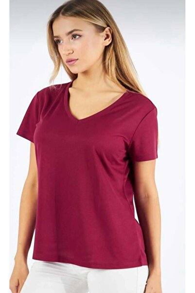 Moda Işık Sports T-Shirt V-Neck Plain Claret Red Color