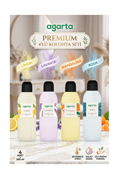 Agarta 80° Kolonya 200 ml 4'lü Karma Set Mandalina Limon Aqua Lavanta Ferahla...