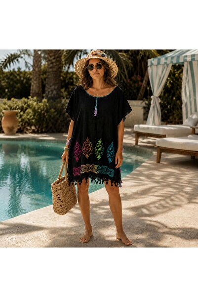 BIJUTERI Par-13047 Black Color Medallion Patterned Beach Dress & Pareo |   Eo...