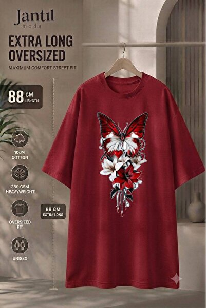 JANTIL MODA Crew Neck Butterfly and Floral Composition Printed Extra Long Ove...