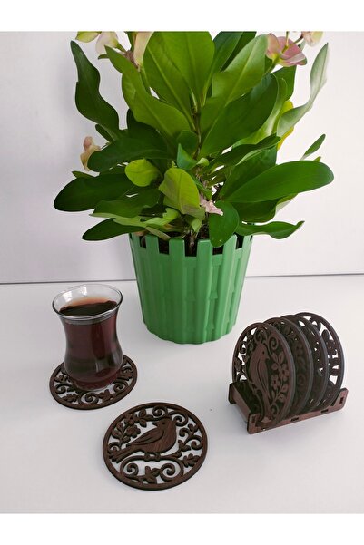 6 Adet Ahşap Lazer Kesim Fincan - Bardak Altlığı Seti 8 cm (Kaideli) kuş desenli