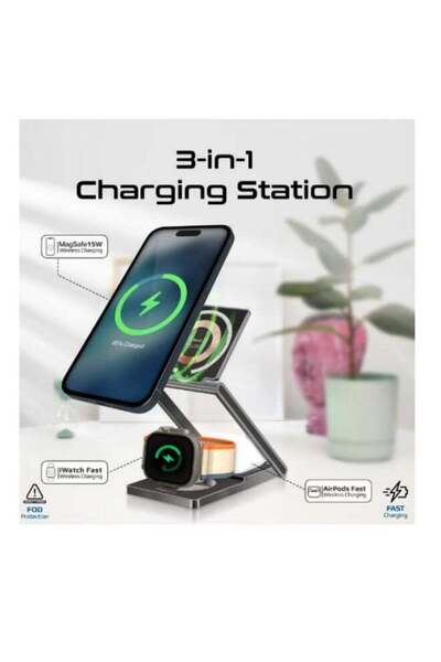 Promate HXD Zoomlion 3-In-1 Magnetic Transparent Charging Station With 15W Foldable Charging Stand, 5W AirPods Charger, 3W Apple Watch Adjustable Charger, And Charge Protection, For Smartphones, LucidFold-Tri