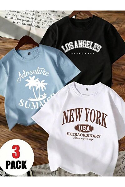 MORNİNG KİDS Boy's 3-Pack Summer Los Angeles New York Combed Cotton T-Shirt (...