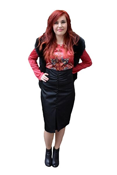 OEM Fusta eleganta cu talie inalta, din material negru cu aspect lucios