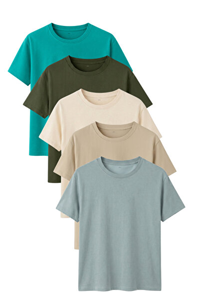 noetr Men's 5-Pack Cotton Basic T-Shirt Green Khaki Beige Stone Mint