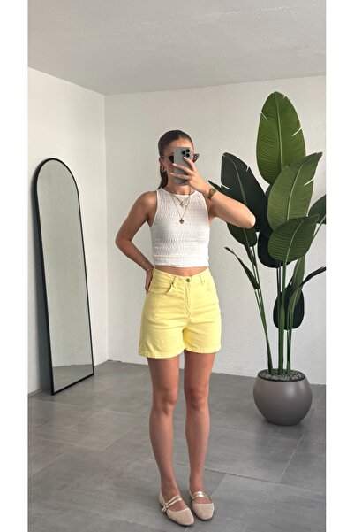 multibox Kadın Sarı Yüksek Bel Mom Fit Jean Şort