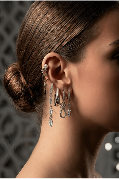 Eva Takı Store Set of 6 Dangle Zircon Stone Steel Gold Color Earrings