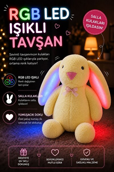 STORE24 LED Işıklı Papyonlu Uzun Kulak Bunny Peluş Tavşan 65 cm | Yumuşacık U...