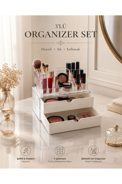 Store HGY Home 3'lü Çok Amaçlı Çekmeceli Makyaj ve Takı Organizer Seti