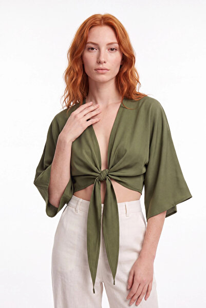 cemo Bağlama Detaylı Kruvaze Crop Bolero Bluz
