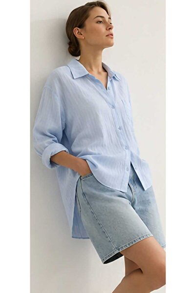 LAVİNİM Kadın Premium %100 Pamuk Kendinden Çizgili Oversize Gömlek Standart B...