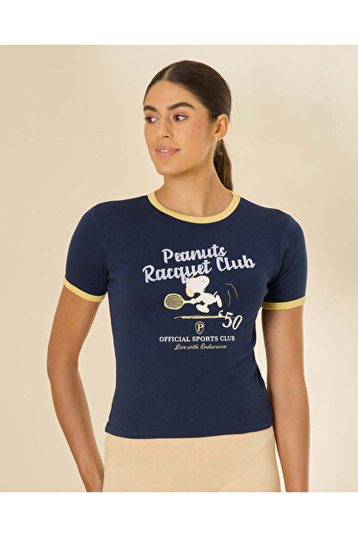 REDTAG Women Navy Printed Peanut Rib T-Shirt