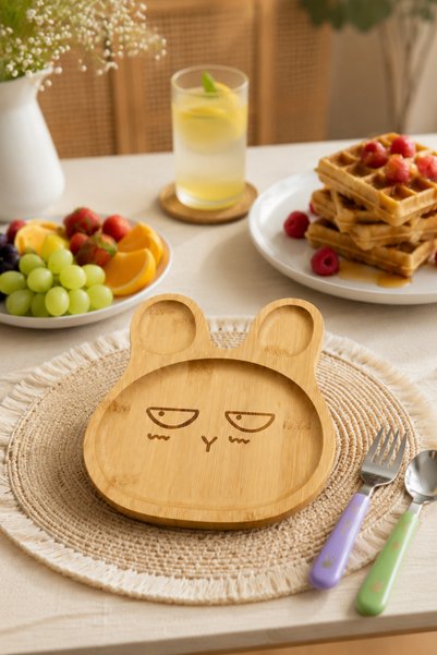 NATUREL DEKOR Bamboo Wood 2-Piece Happy-Anxious Rabbit Food Supplement, Children's Presentation Food Plate 20X20 Cm, Kitchen, Presentation